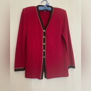 Vintage St John By Marie Gray Knit Cardigan Red/Black‎ With Gold Accents Size 8